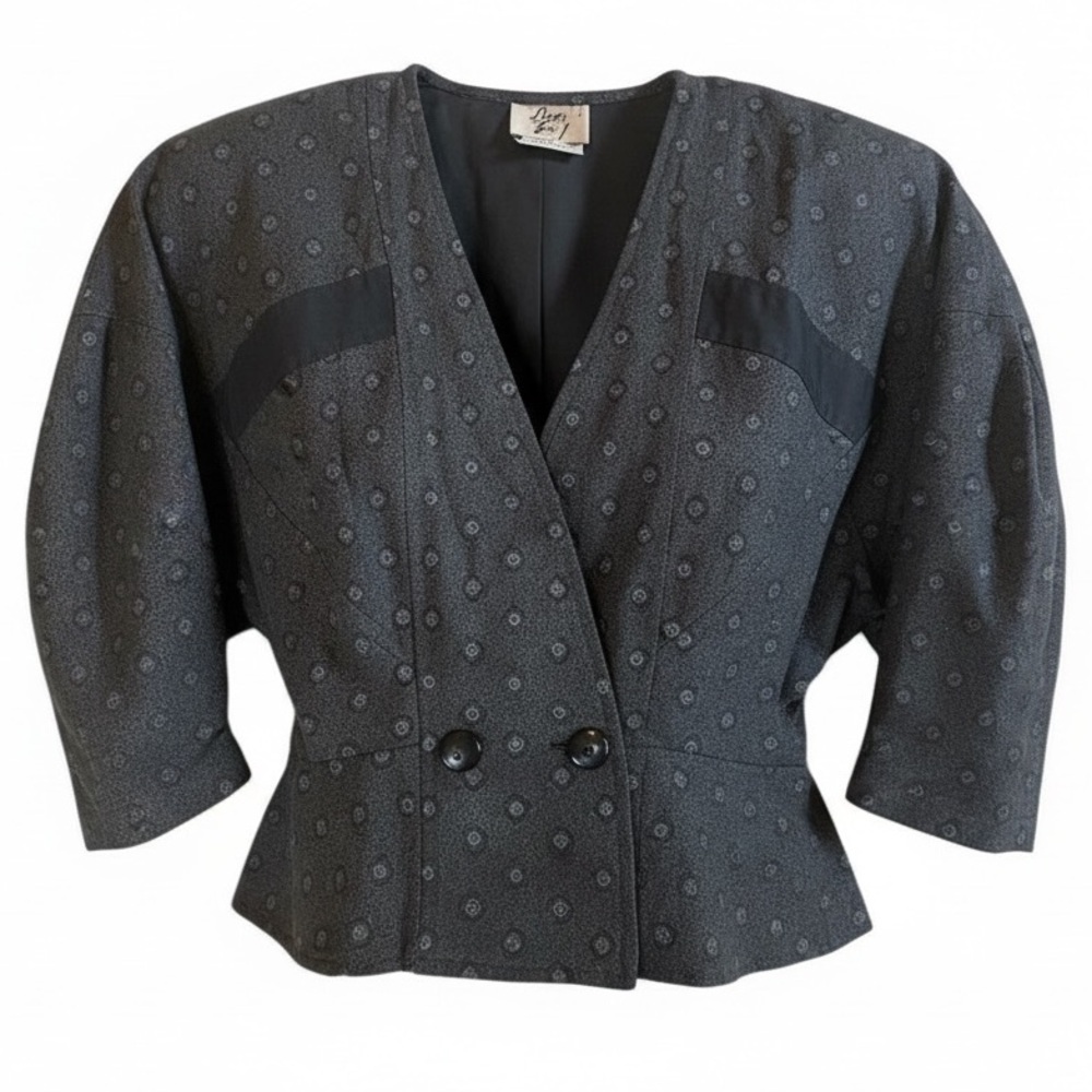 Vintage Byer Too Gray Geometric Print Peplum Blazer 80s Dolman Sleeve Jacket 🇺🇸